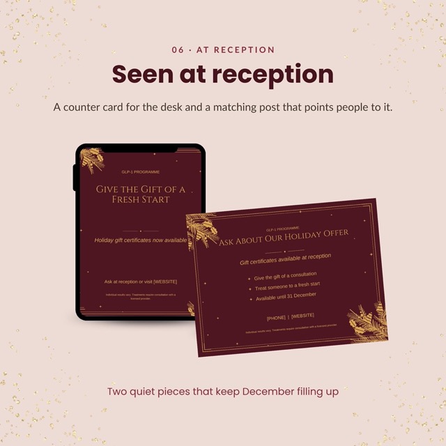 Counter card template in burgundy and gold for a clinic front desk