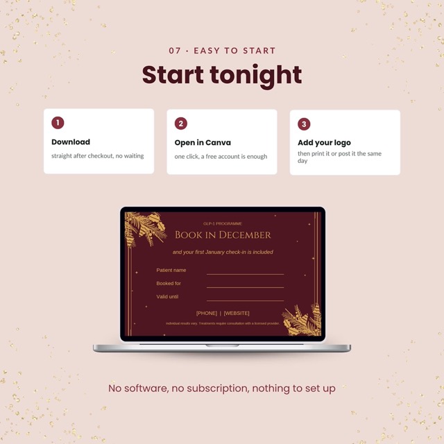 Three Instagram post templates in burgundy and gold for a GLP-1 clinic