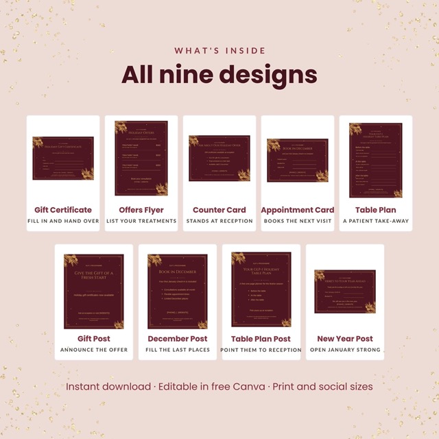 New Year card template in burgundy and gold for a weight loss practice