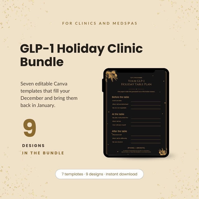 Holiday treatment price list template in black and gold for a weight loss clinic reception desk