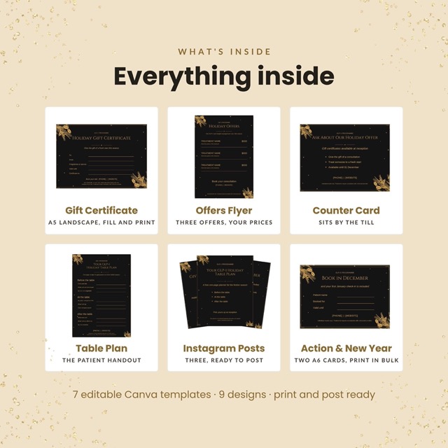 Holiday offers flyer template in black and gold for a GLP-1 program