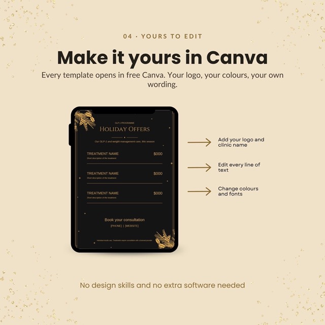 Counter card template in black and gold for a clinic front desk
