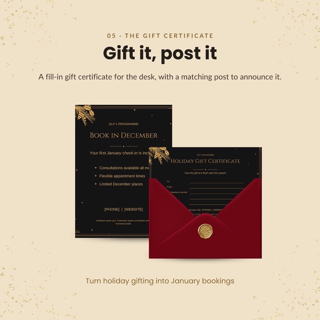 Three Instagram post templates in black and gold for a GLP-1 clinic