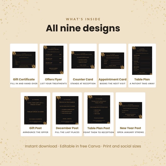 Editable Canva templates in black and gold opened on a laptop