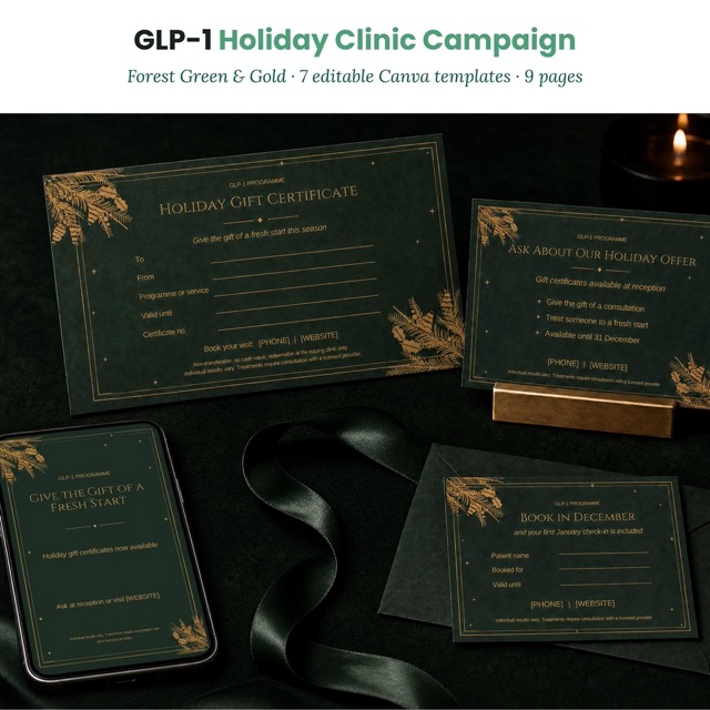 GLP-1 clinic holiday marketing bundle in forest green and gold, shown as a flat lay of all templates
