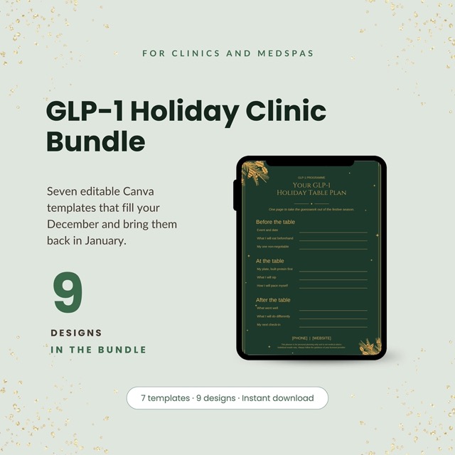 Holiday treatment price list template in forest green and gold for a weight loss clinic reception desk