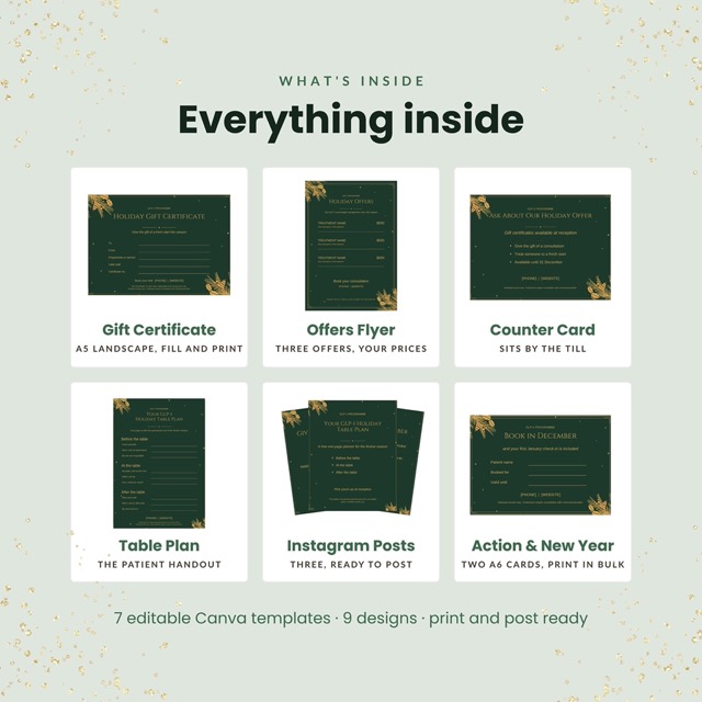 Holiday offers flyer template in forest green and gold for a GLP-1 program