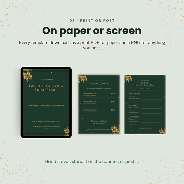 Gift certificate template in forest green and gold for a med spa or weight loss clinic