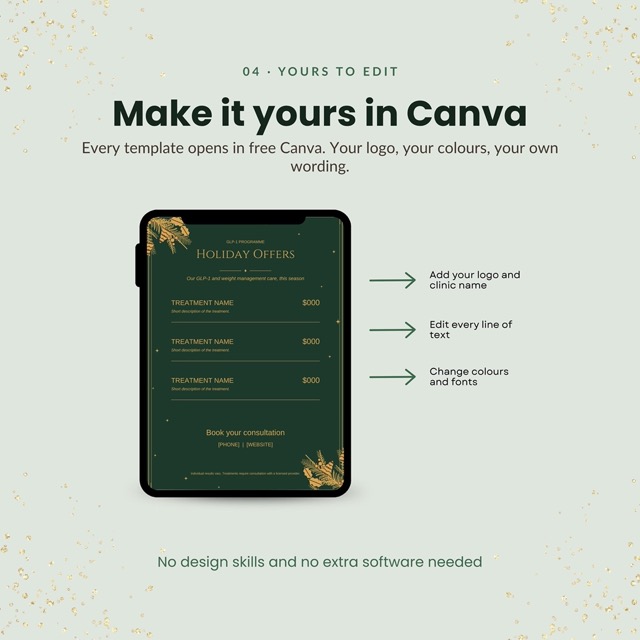 Counter card template in forest green and gold for a clinic front desk