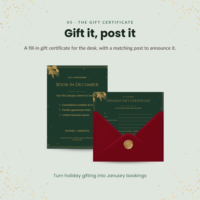 Three Instagram post templates in forest green and gold for a GLP-1 clinic