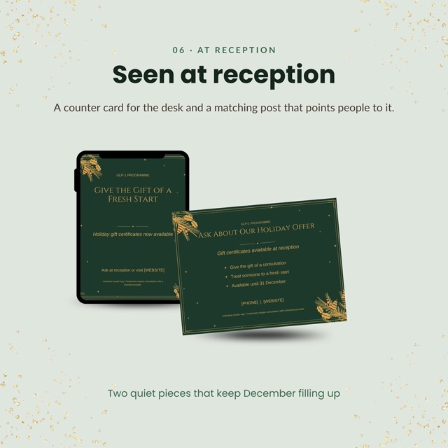 New Year card template in forest green and gold for a weight loss practice