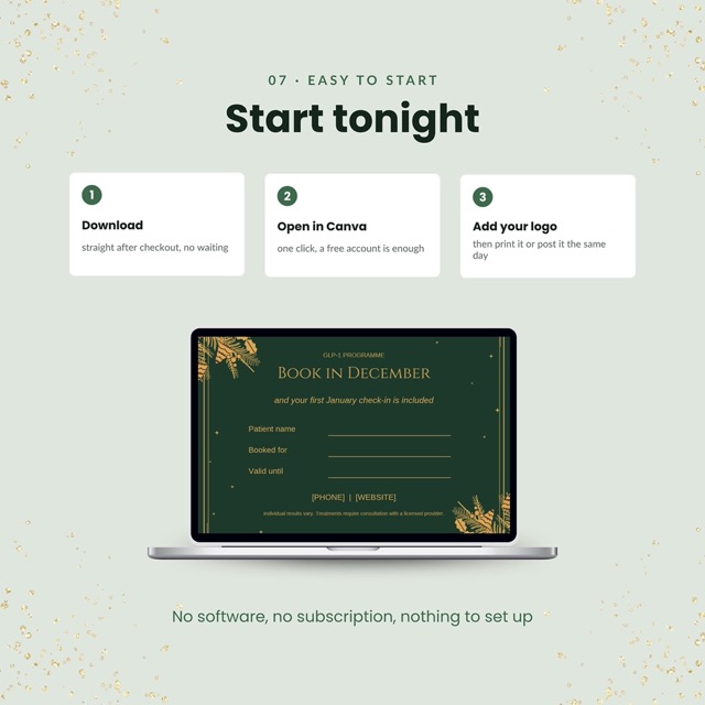 Holiday table plan template in forest green and gold for a clinic