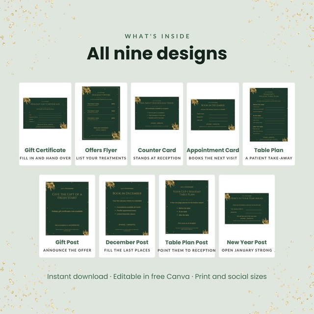 Editable Canva templates in forest green and gold opened on a laptop