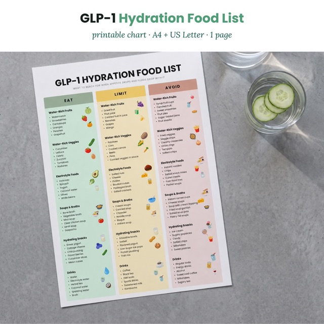 One page GLP-1 hydration food list chart shown as the product cover