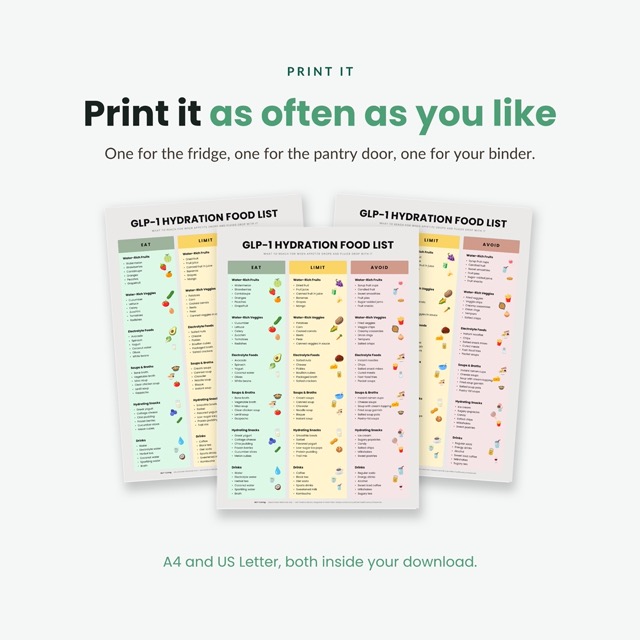 The printable hydration food list on a kitchen counter