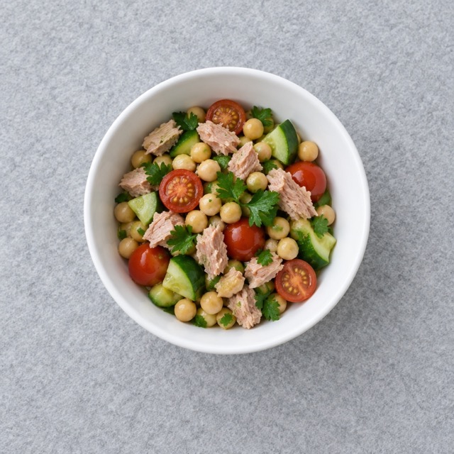 Lentil and chicken salad plated on white with greens, a high-fiber high-protein lunch from the plan
